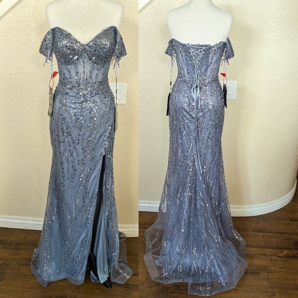 Smoky Blue Sequined Off the shoulder Corset Formal Prom Evening Mermaid Dress 4 - Picture 1 of 5